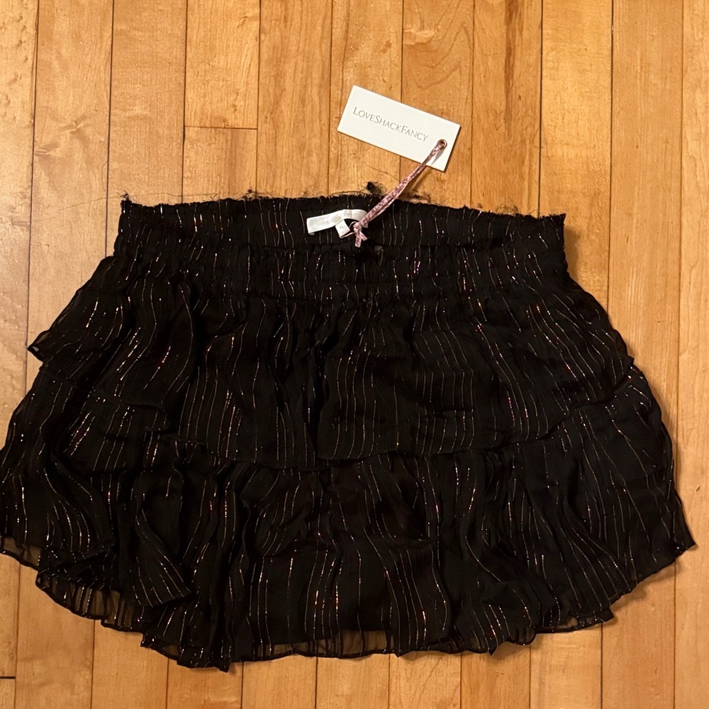LoveShackFancy Black Mini Skirt with Subtle Gold Stripes